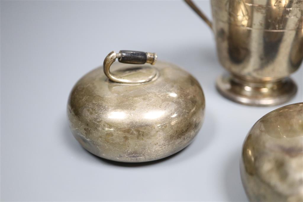 A 1930s Art Deco silver christening mug with dogs head handle and engraved with Little Bo Peep & 3 curling stones.